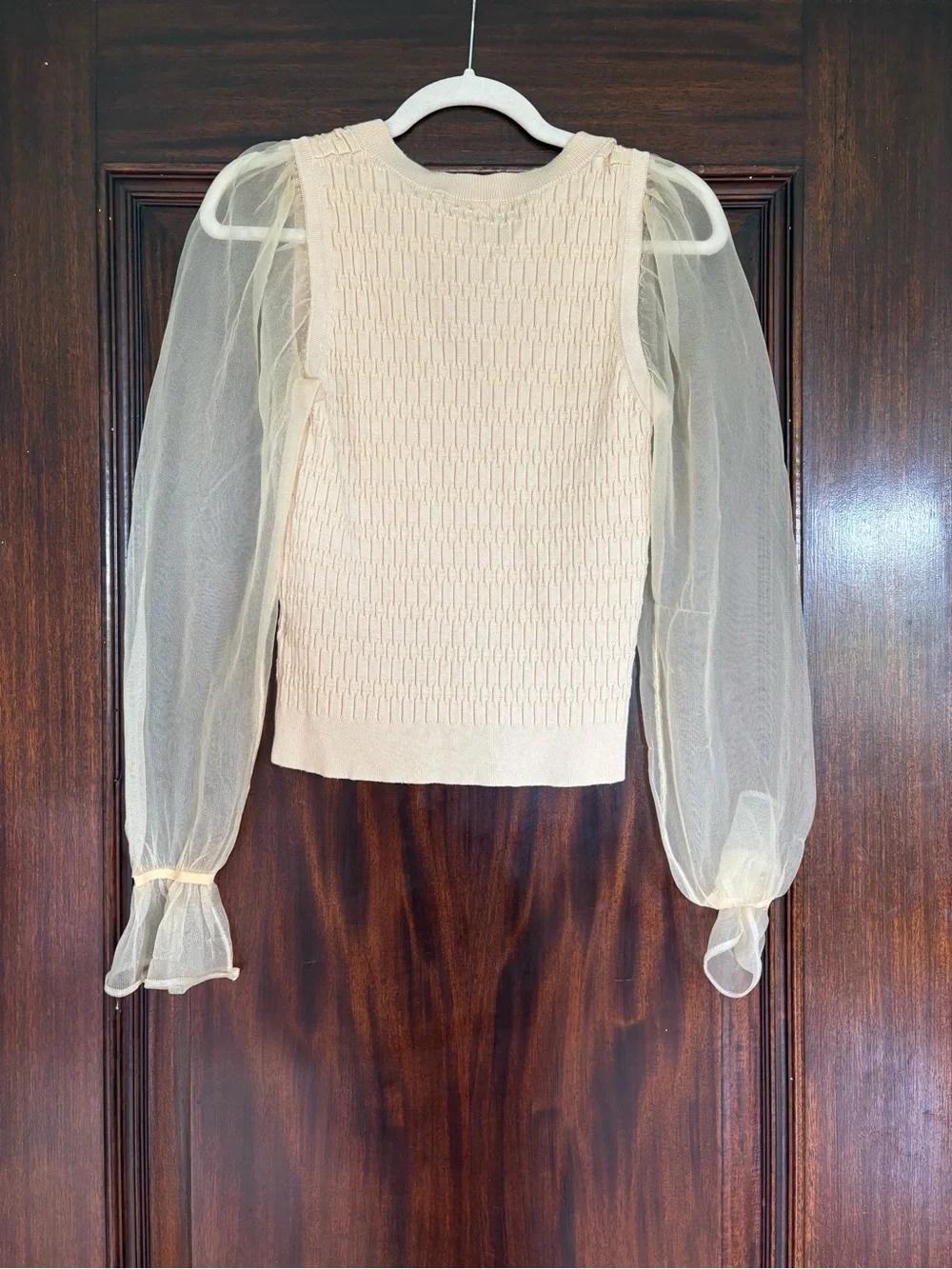 Anthropologie Cream V-Neck Sweater with Sheer Puff Sleeves
